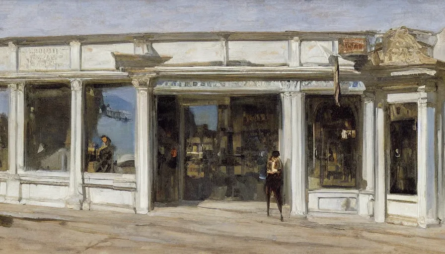 Image similar to artwork painting of the storefront front of a building by eugene von guerard, ivan shishkin, john singer sargent