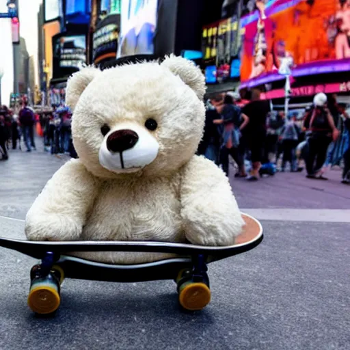 Image similar to A photo of a teddy bear on a skateboard in Times Square