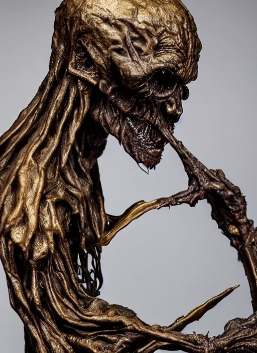 Prompt: photo taken of an epic intricate, ultra detailed, super realistic sculpture of a nightmarish hellish demonic hooded grim reaper sculpture on display in a workshop, created by weta workshop, full body shots, photorealistic, sharp focus, f 0. 4, face centred, macro photography, golden ratio, golden hour