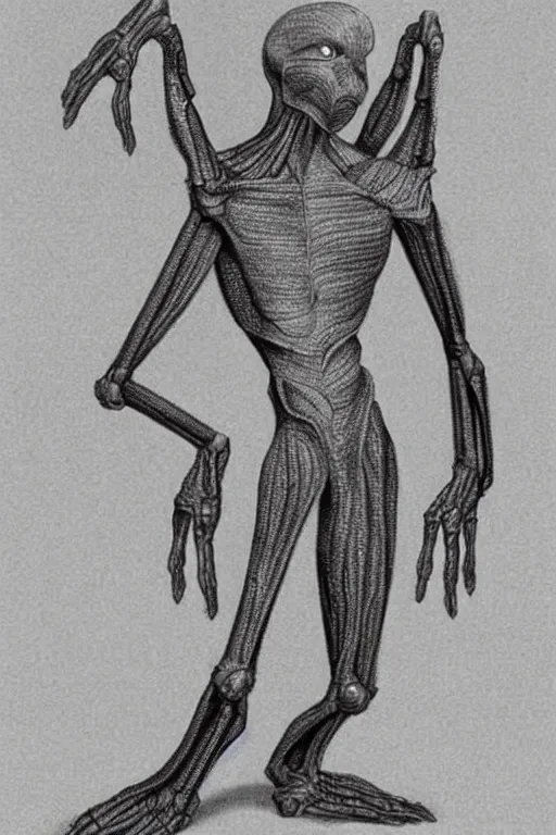 Image similar to humanoid alien creature, thin, it has armor-like shell on it's arms and feet