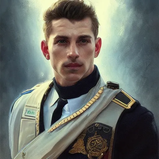 Image similar to Beautiful portrait of a Caucasian male police officer, wide angle, intricate, wild, highly detailed, digital painting, artstation, concept art, smooth, sharp focus, illustration, art by artgerm and greg rutkowski and alphonse mucha - W 768