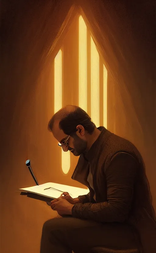 Image similar to portrait of salman rushdie writing in the dark, deep focus, blade runner 2 0 4 9, fantasy, intricate, elegant, highly detailed, digital painting, artstation, concept art, matte, sharp focus, illustration, art by artgerm and greg rutkowski and alphonse mucha