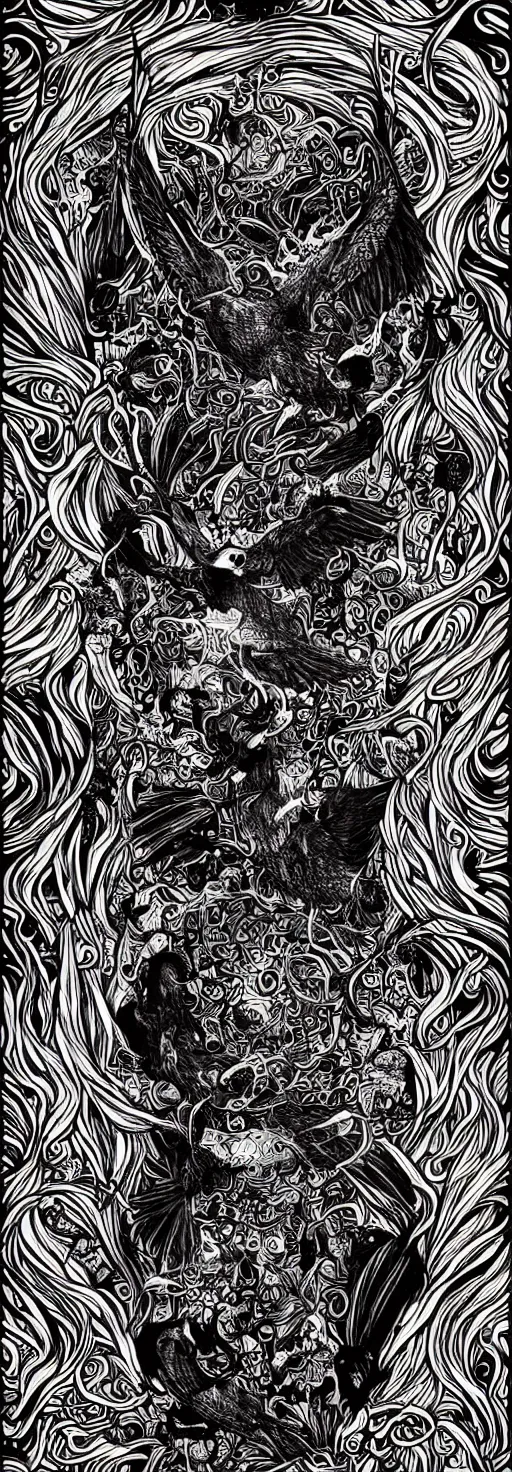 Prompt: psychedelic, monochrome artwork!!, raven, deer, owl, window to the ocean, typography, hr giger, didier comes, james jean, andreas rocha,
