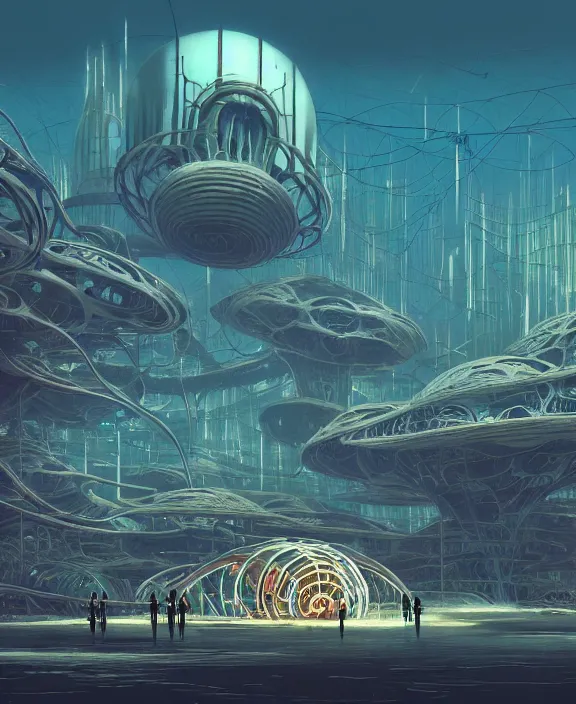 Image similar to simplicity, an amusement park made out of weird organic creatures, biological forms, internal organs, in the style of an asymmetrical spaceship, bleak apocalyptic environment, by dan mumford, yusuke murata, makoto shinkai, ross tran, cinematic, unreal engine, cel shaded, featured on artstation, pixiv