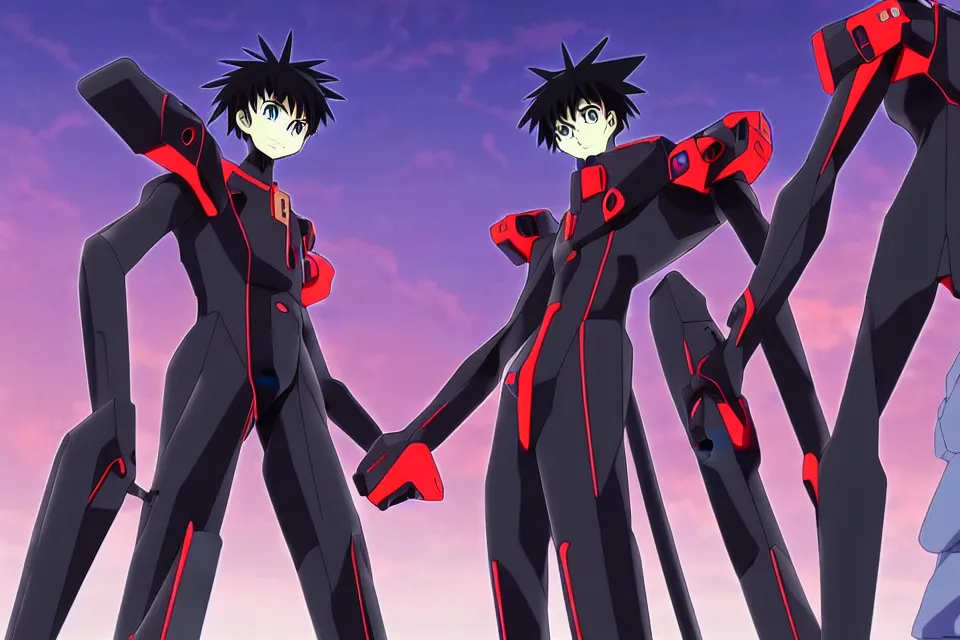 Prompt: anime illustration of black evangelion eva - 0 1 standing menacingly behind ikari shinji who is wearing a black plugsuit, cinematic lighting, evangelion anime poster, rebuild of evangelion 1 0 8 0 p, 9 0 s anime aesthetic, volumetric lights, rule of thirds, unreal engine render, pinterest wallpaper, trending on artstation