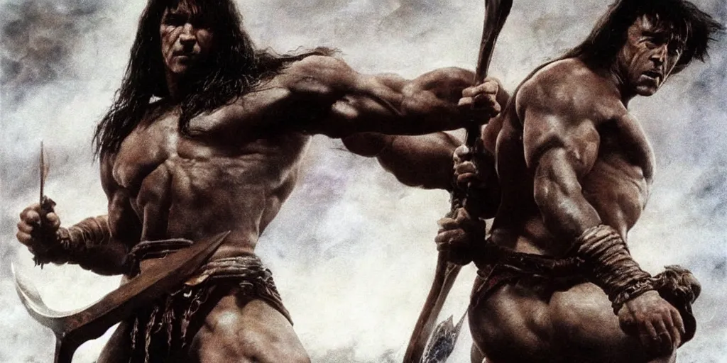 Image similar to hyperrealistic mixed media action scene of Conan the barbarian raising his sword for battle in leather boots and a loincloth, forward angle, stunning 3d render inspired art by Frank Frazetta and Simon Bisley, extremely muscular male hero + perfect facial symmetry + perfect muscle anatomy + perfect bodily proportions + dim volumetric lighting, 8k octane beautifully detailed render, post-processing, extremely hyperdetailed, intricate complexity, epic composition, grim yet sparkling atmosphere, cinematic lighting + masterpiece, trending on artstation