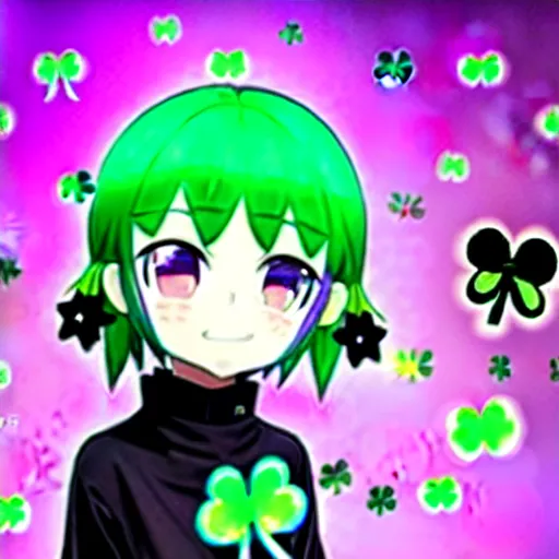 Image similar to a hologram of moe styled green haired yotsuba koiwai with an anonymous mask, wearing a gothic lolita decora spiked jacket, background full of lucky clovers and shinning stars, holography, irridescent