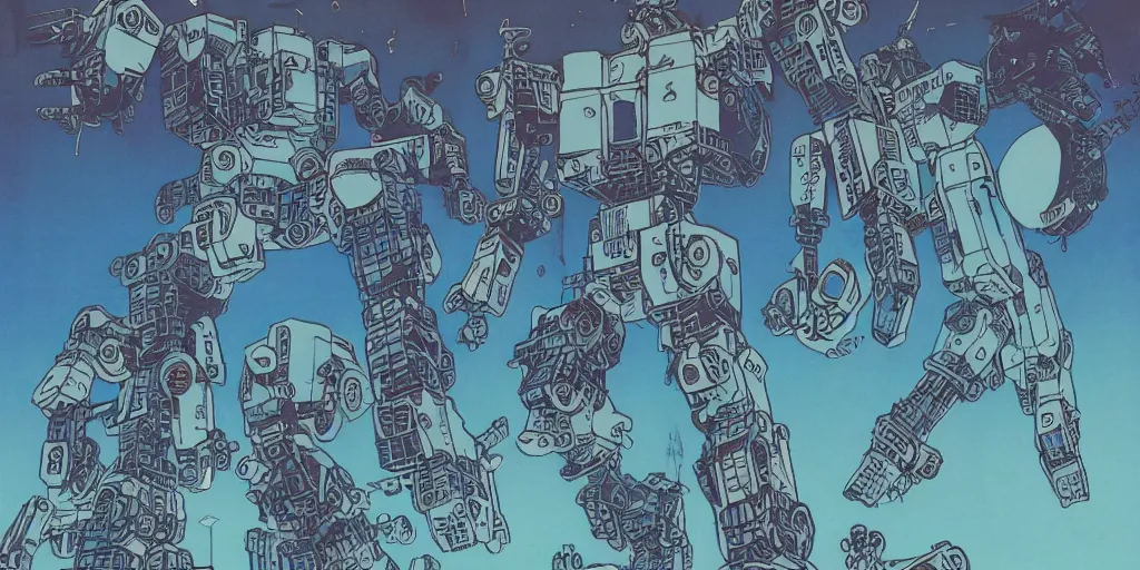 Image similar to risograph, gigantic mecha faces, no artifacts, mecha faces, a lot of exotic mecha faces, big human mecha faces everywhere, by satoshi kon and moebius, matte blue colors, surreal design, crispy, super - detailed, a lot of tiny details, no blur, 4 k, fullshot