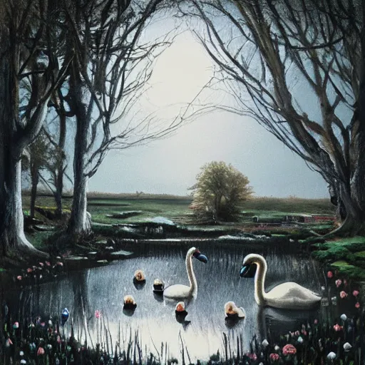 Prompt: painting hr giger tent in a landscape, swans in a pond, floral ornaments light beams night, ashley wood