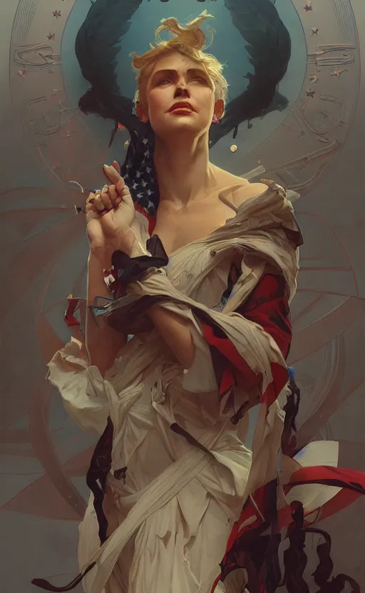 Prompt: personification of the united states of america, highly detailed, digital painting, artstation, concept art, sharp focus, illustration, art by greg rutkowski and alphonse mucha