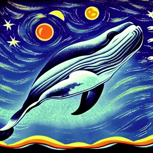 Image similar to portrait of whale swimming on a starry night sky, swimming across the universe, oniric, dreamy, stylized, beautiful,