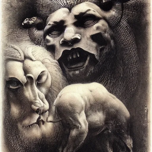 Image similar to cherub with four faces : man, lion, eagle, bull. drawn by zdzislaw beksinski