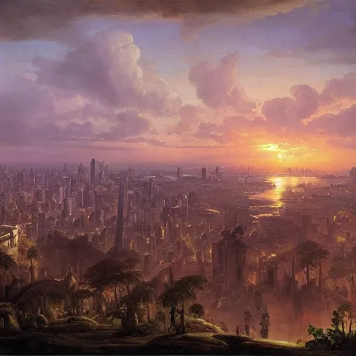 Prompt: vista of a city at sunset, the city is a sprawling renaissance city that is built amidst brutalist cyclopean tombs and overgrown by the rainforest, rpg, hubert robert, cityscape, vista, dying earth, gene wolfe