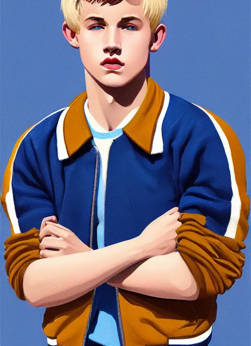 Image similar to portrait of a high school senior boy named moose mason, blonde short hair, jock, beefy, square jaw, square facial structure, 1 9 5 0 s, blue varsity jacket, intricate, elegant, glowing lights, highly detailed, digital painting, artstation, concept art, smooth, sharp focus, illustration, art by wlop, mars ravelo and greg rutkowski