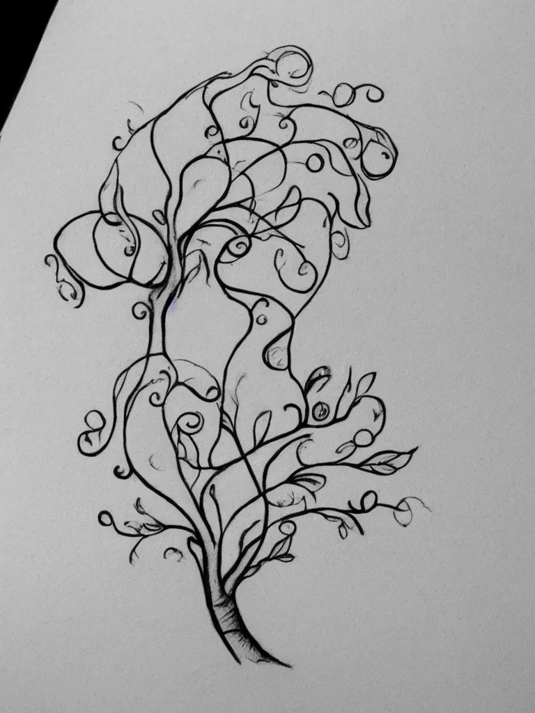 Image similar to a clean single line drawing sketch for a tattoo, acorn that turns into a tree that is also a treble clef with scar line in the middle, clean single line tattoo with bursts of color, isometric