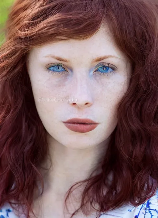 Image similar to close up portrait photograph of a thin young redhead woman with russian descent, sunbathed skin, with deep blue eyes. Wavy long maroon colored hair. she looks directly at the camera. Slightly open mouth, face takes up half of the photo. a park visible in the background. 55mm nikon. Intricate. Very detailed 8k texture. Sharp. Cinematic post-processing. Award winning portrait photography. Sharp eyes.