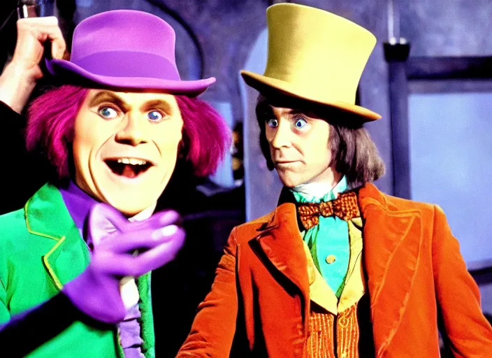 Image similar to film still of Jim Carrey as Willy Wonka in Willy Wonka and the Chocolate Factory 1971