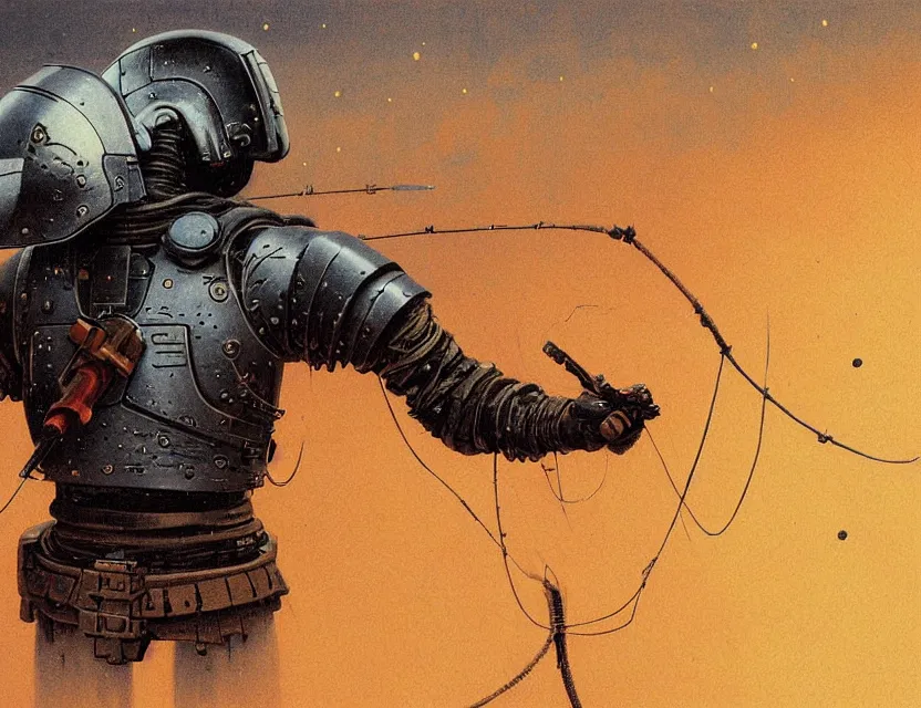 Image similar to a detailed portrait painting of a lone bounty hunter in combat armour and visor. cinematic sci-fi poster. Flight suit and wires, accurate anatomy. Samurai influence, knight influence. fencing armour. portrait symmetrical and science fiction theme with lightning, aurora lighting. clouds and stars. Futurism by moebius beksinski carl spitzweg moebius and tuomas korpi. baroque elements. baroque element. intricate artwork by caravaggio. Oil painting. Trending on artstation. 8k