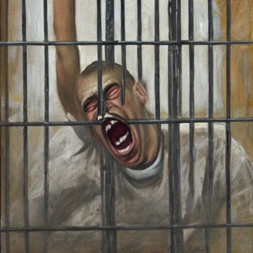 Prompt: a screaming prisoner holding prison bars, realism old oil painting