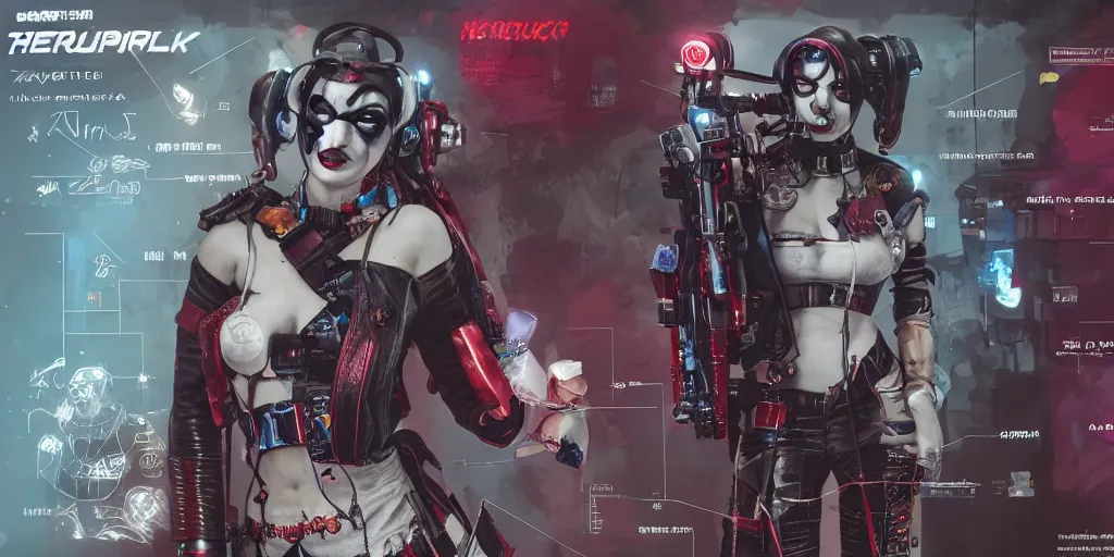Prompt: cyberpunk harley quinn, character sheet, concept design, contrast, hot toys, kim jung gi, greg rutkowski, zabrocki, karlkka, jayison devadas, trending on artstation, 8 k, ultra wide angle, pincushion lens effect