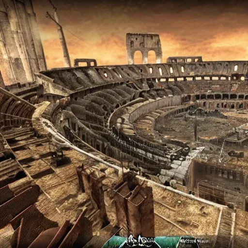 Prompt: Rebuild postapocalyptic Colosseum in Rome, screenshot from Fallout: New Vegas (2010)