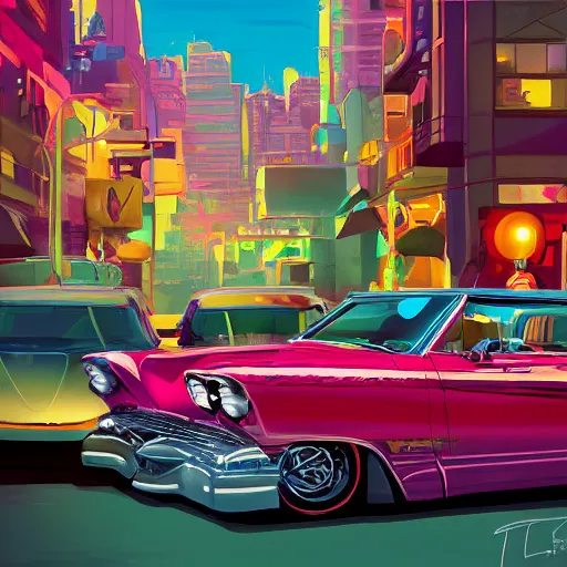 Prompt: swagger! lowrider culture, living large in the city by tyler edlin, new york 1 9 7 0, editorial, bold colors, detailed, bold colors, incredible lighting, great composition, artstation