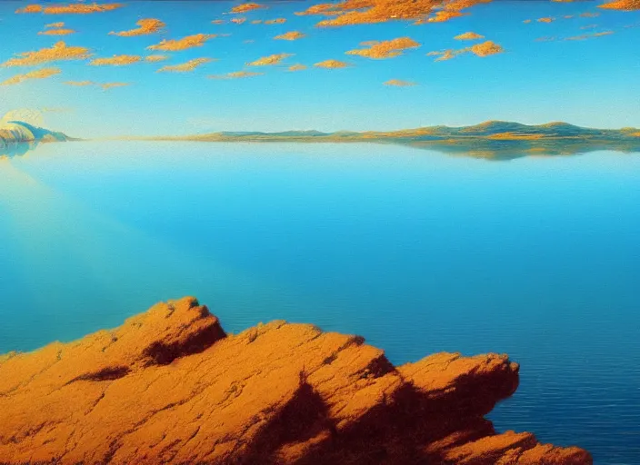 Prompt: blue - turquoise mirage on a sunny lake surface, hyperrealism, no blur, 4 k resolution, ultra detailed, style of anato finnstark, edward robert hughes, james gurney, syd mead