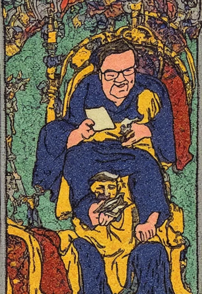 Image similar to Yann LeCun sitting on the throne on a tarot card, illustrated on the Rider–Waite tarot.