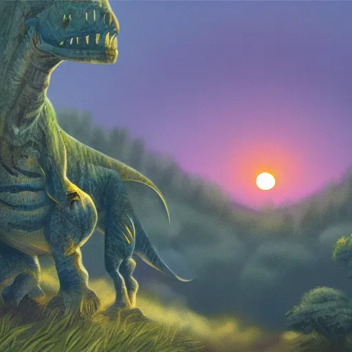 Prompt: dinosaur walking through shrubbery, over hills, misty, sunset, painting, detailed landscape, in the distance