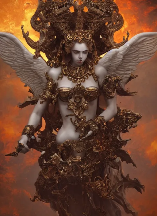 Image similar to high intricate porcelain baroque angelic warrior flying over a vast sea of hell demons, maria panfilova, andrea savchenko, mike kime, ludovic plouffe, qi sheng luo, oliver cook, trending on artstation