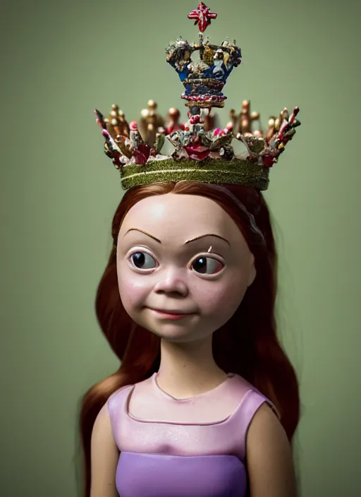 Image similar to closeup face profile portrait of greta thunberg as a tin toy fairytale princess wearing a crown eating cakes, bikini, depth of field, zeiss lens, fashion photoshoot, by nicoletta ceccoli, mark ryden, lostfish, dan decarlo, bob clampett, max fleischer, breathtaking, detailed, hyperrealistic, octane render