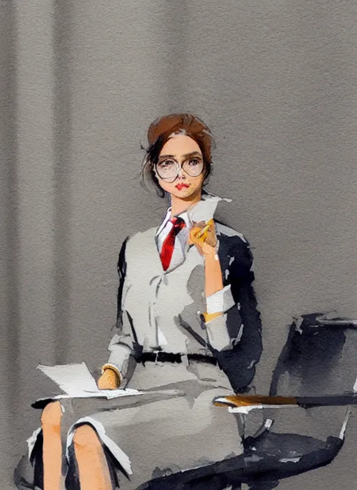 Image similar to concept art of a modern office life, young attractive business woman, pencil miniskirt, pinterest, artstation trending, behance, watercolor, by coby whitmore, silver, laser light,