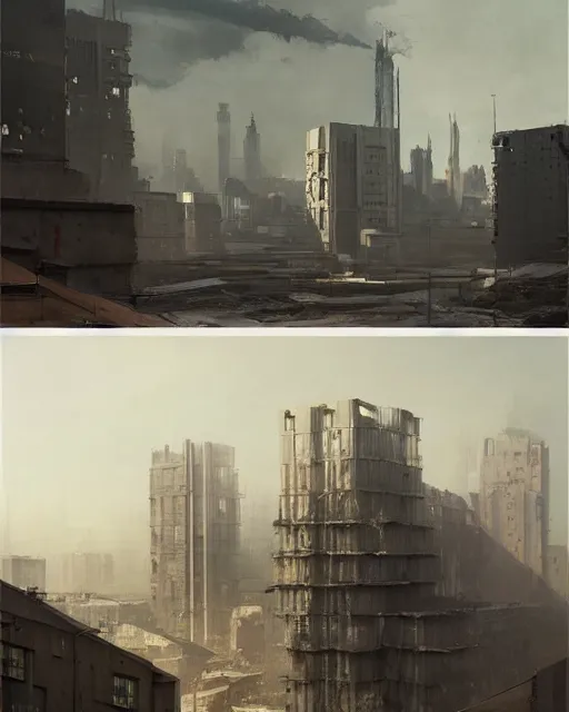 Image similar to brutalist dirty poor polluted city of warsaw, poland. fantasy art by greg rutkowski, gustave courbet, rosa bonheur, edward hopper. faithfully depicted architecture, realistic, sharp focus, global illumination, radiant light, detailed and intricate environment, trending on artstation