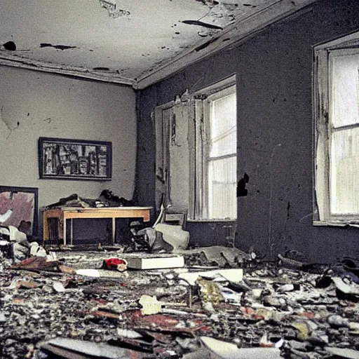 Image similar to The illustration shows a scene of total destruction. A room has been completely wrecked, with furniture overturned, belongings strewn about, and debris everywhere. The only thing left intact is a single photograph on the wall. This photograph is the only evidence of what the room once looked like. It shows a tidy, well-appointed space, with everything in its place. The contrast between the two images is stark, and it is clear that the destruction was complete and absolute. midnight blue by Qian Xuan ecstatic, a e s t h e t i c