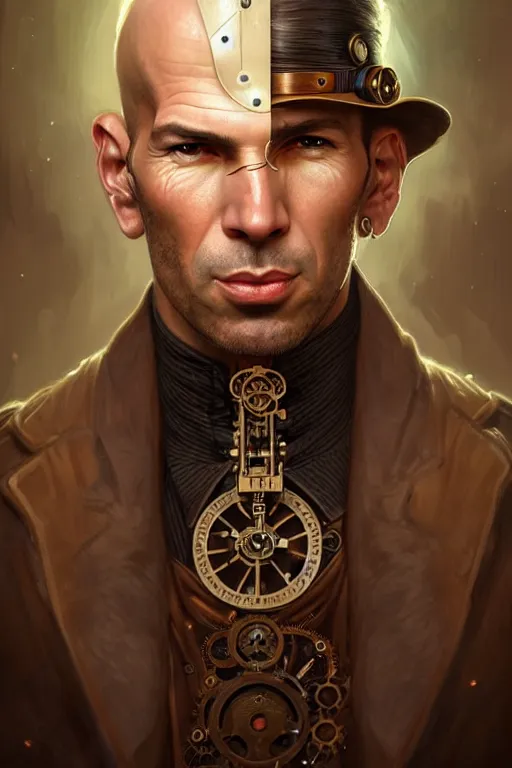 Image similar to Portrait of steampunk Zinedine Zidane, D&D, face, fantasy, intricate, elegant, highly detailed, digital painting, artstation, concept art, smooth, sharp focus, illustration, art by artgerm and greg rutkowski and alphonse mucha