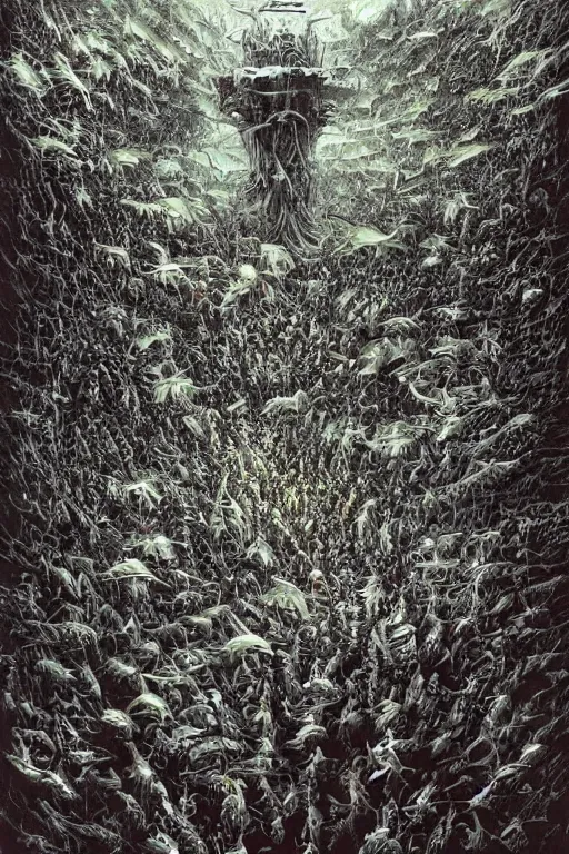 Prompt: swarm of sorrowfish lord, painted by jacek yerka and john berkey, trending on artstation, dramatic maroon and green lighting camera view from above lord of the rings, gothic, black and white, hyperrealism, halftone