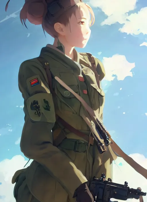 Prompt: portrait of cute soldier girl, cloudy sky background lush landscape illustration concept art anime key visual trending pixiv fanbox by wlop and greg rutkowski and makoto shinkai and studio ghibli and kyoto animation soldier clothing military gear realistic anatomy pale skin
