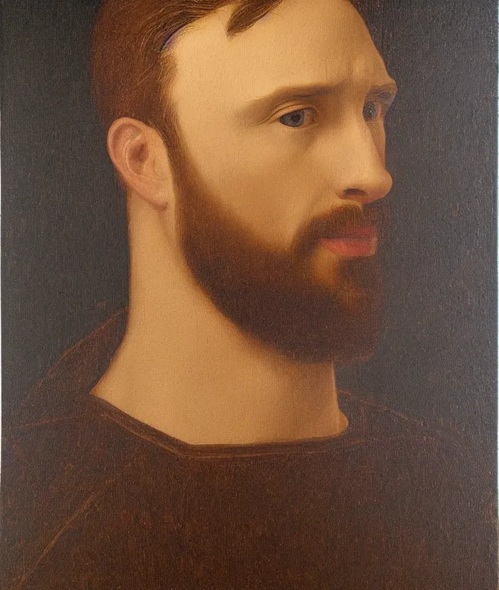 Prompt: oil painting half-lenght portrait of Chris Evans by Leonardo da Vinci