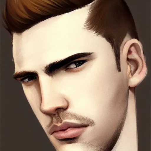 Prompt: tall chunky man in his twenties with brown blond short regular haircut and round facial structure with cleft chin, straight eyebrows, big alert eyes, slightly smiling, cheekbones, straight nose, wider face, shadow of beard, atmospheric lighting, painted, intricate, 4 k, highly detailed by charlie bowater