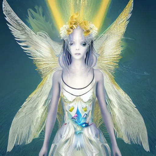 Image similar to anthropomorphic angel with betta fish dress, white and gold color palette, by Yoshitaka Amano, ethereal, dreamy, god rays