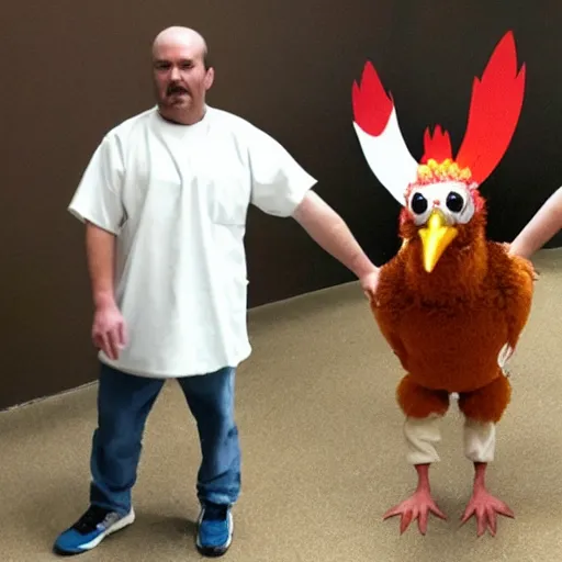 Image similar to inmate wearing chicken face and chicken head