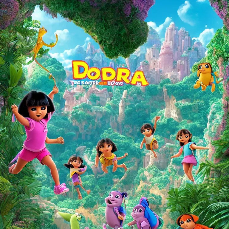 Prompt: Dora the Explorer 3D by Disney Concept Artists, blunt borders, rule of thirds