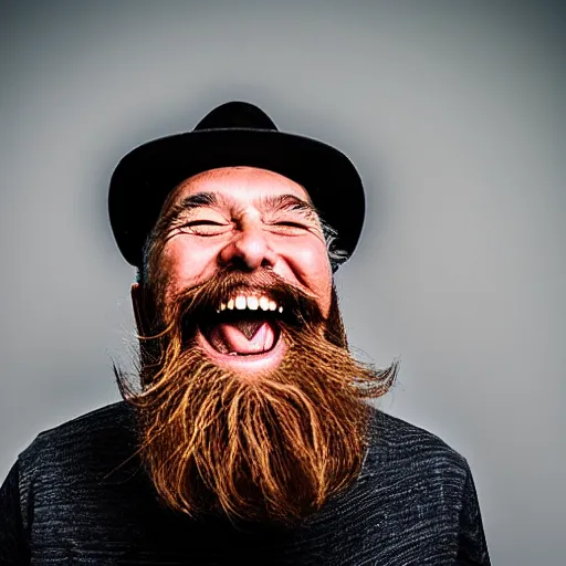 Image similar to photograph of an old man with very long beard laughing