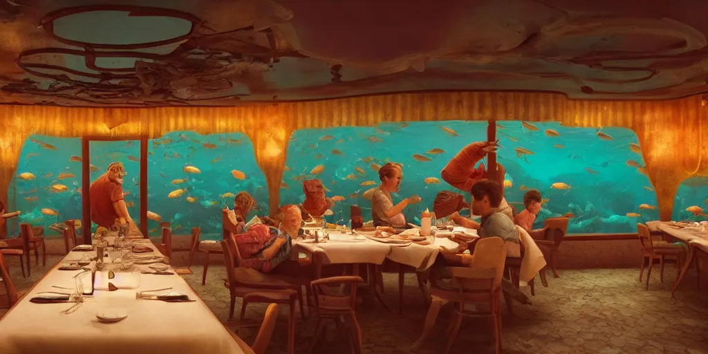 Prompt: a very high resolution image from a new movie, inside the restaurant under the sea, front view, upside - down, shining, photorealistic, photography, directed by wes anderson