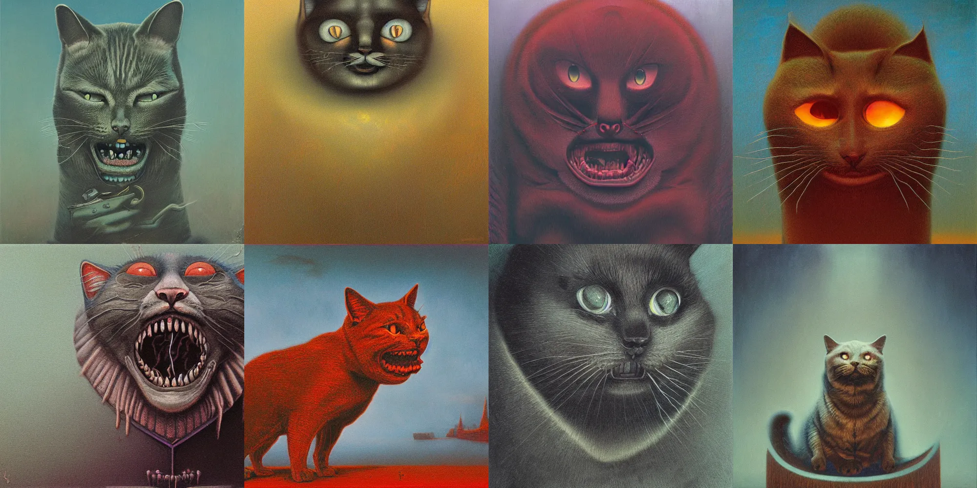 Image similar to grinning evil cat, HD, award winning, in style of beksinski, film grain, medium format, 8k resolution, oil on canvas