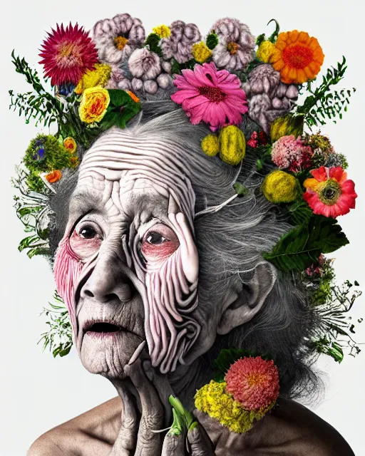 Prompt: a portrait of a fleshy old woman covered in flowers, who is surprised she is still alive, in the style of guiseppe arcimboldo and james jean, covered in wispy gray hair with a hint of neon, hd 3 d,