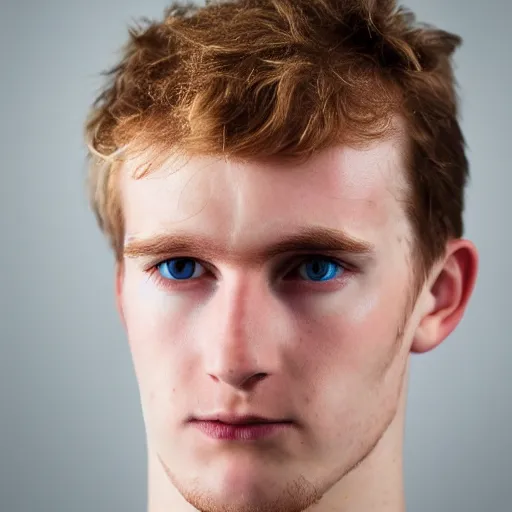 Image similar to 2 0 year old irish man with long face, long brown hair, strong chin, grey eyes, stubble