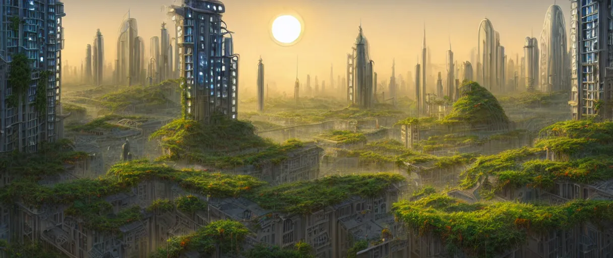 Image similar to matte painting solarpunk cityscape plants highly detailed sunrise