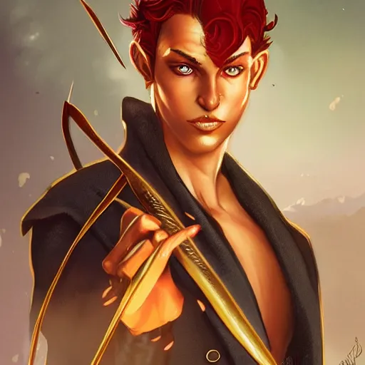 Image similar to dnd character illustration of a dark tanned half - elf with messy short red hair and golden eyes with slit pupils, beautiful and androgynous, feral, glowing, golden hour, wearing a stylish men's suit by ross tran and gerald brom