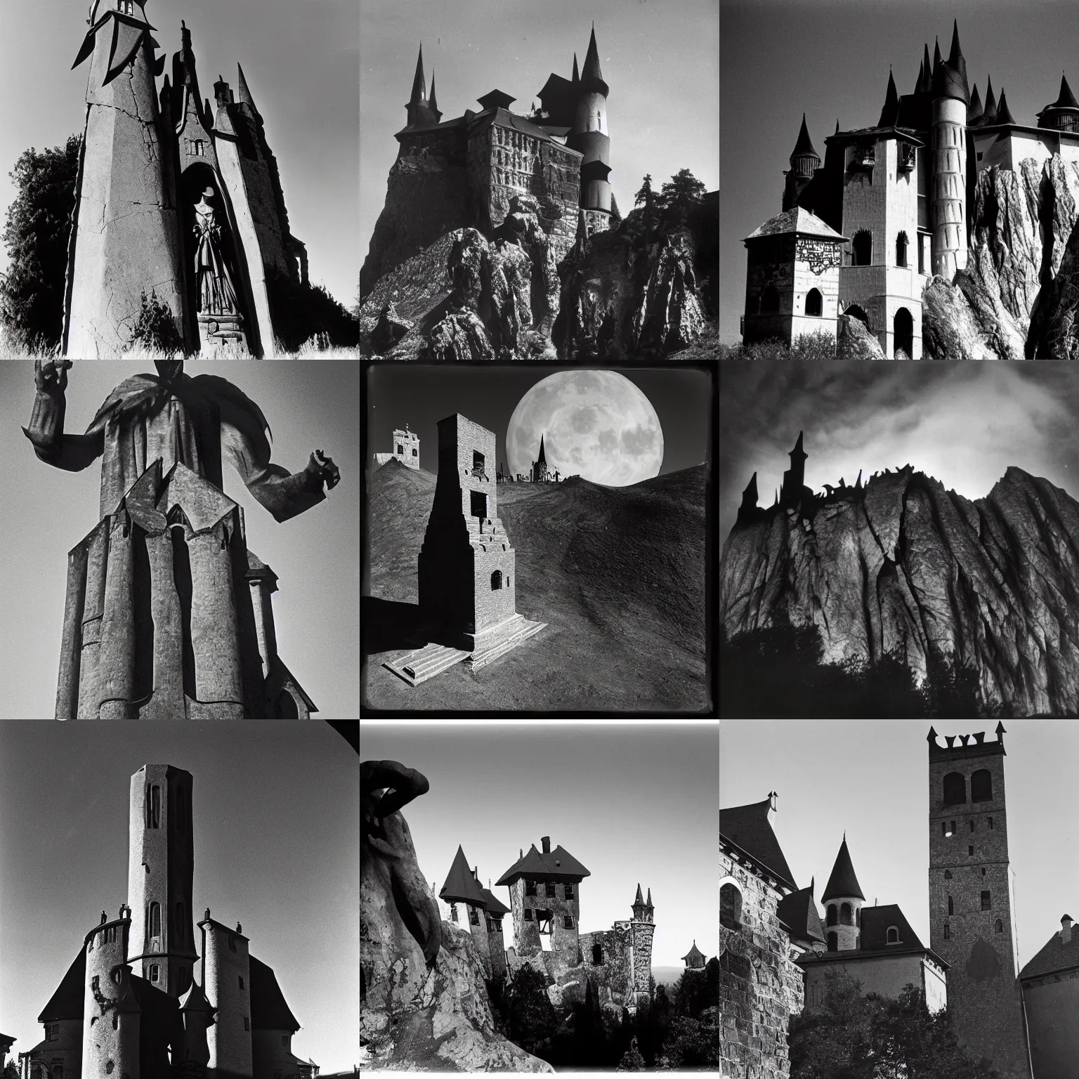 Prompt: the largest statue of dracula, casting shadows over houses that were built below it, photograph by Ansel Adams